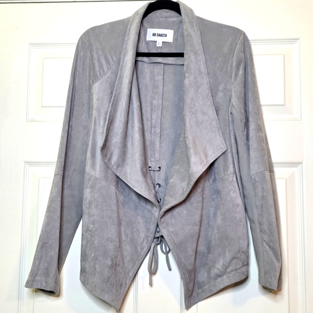 BB Dakota Size Large Blazer Gray Faux Suede Waterfall Front Lace Back